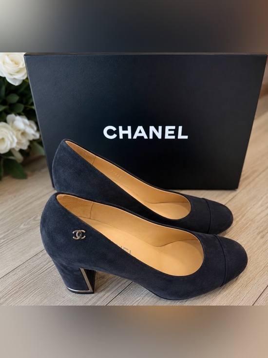 CHANEL Shoes - CHANEL Navy Suede Cap Toe Mid Block Heel Pumps